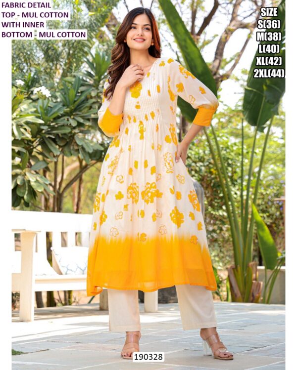 Premium Cotton Kurti Pant Set for Women with Floral Border Print