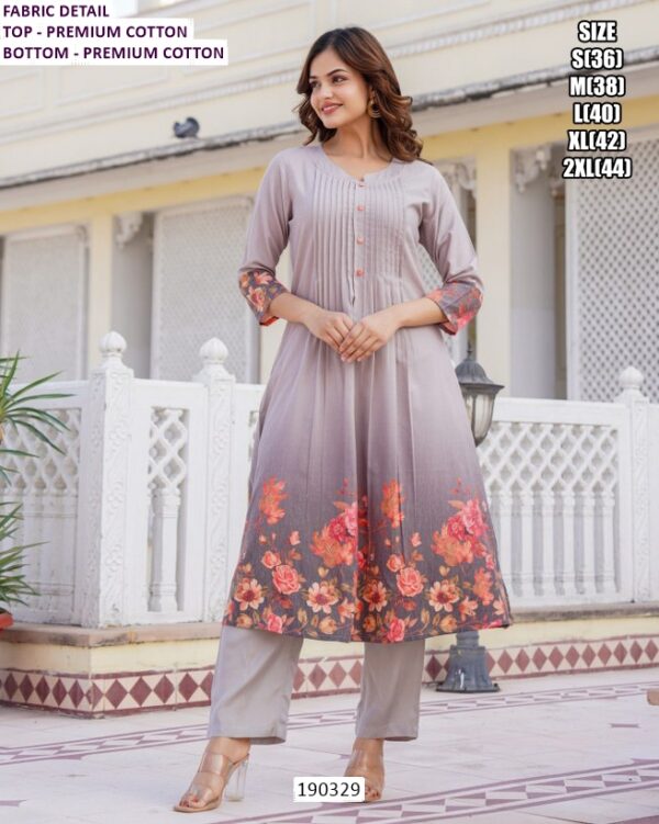Premium Cotton Kurti Pant Set for Women with Floral Border Print