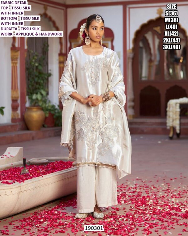 Designer Tissue Silk Applique Handwork Suit Set with Dupatta for Festive & Party Wear