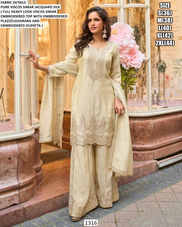 Viscose Jacquard Silk Embroidered Kurta Gharara Dupatta Set for Women