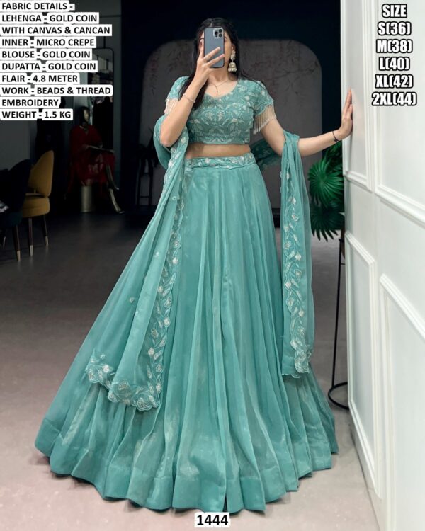 Gold Coin Lehenga Choli with Dupatta for Women – Beads and Thread Embroidery