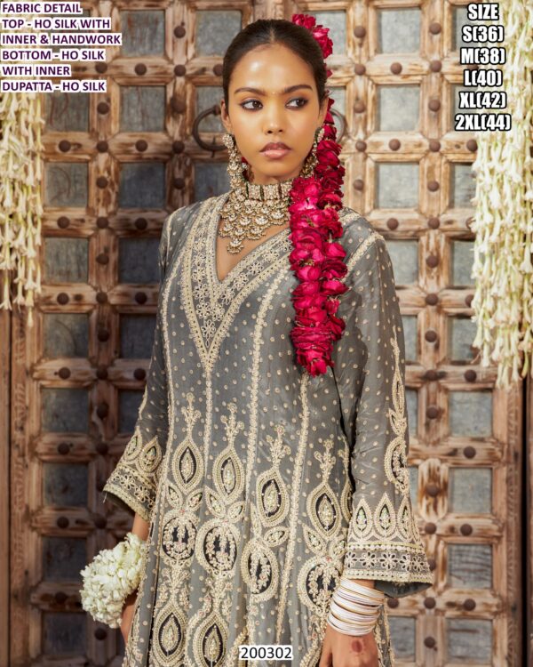 Women’s Grey Ho Silk Designer Sharara Set with Handwork and Dupatta