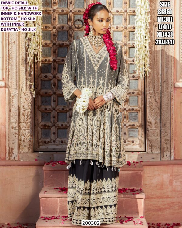 Women’s Grey Ho Silk Designer Sharara Set with Handwork and Dupatta