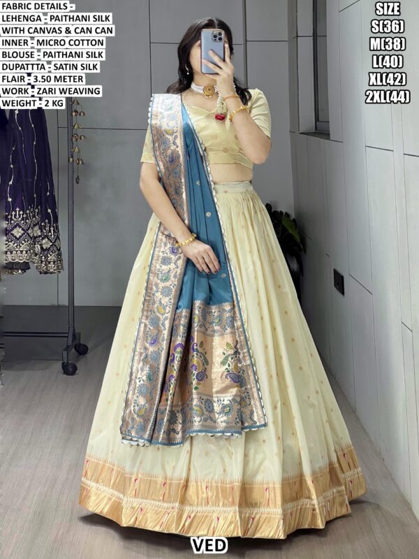 Women’s Paithani Silk Lehenga Set in Cream with Zari Weaving and Satin Dupatta