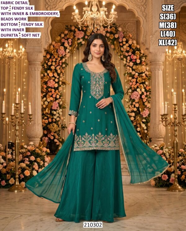 Women’s Fendy Silk Suit Set with Embroidery, Beads Work and Dupatta