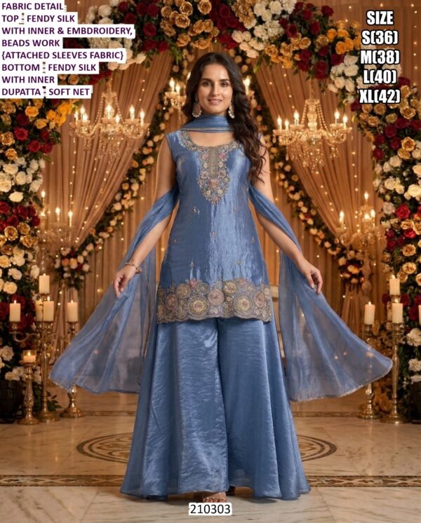 Designer Festive Palazzo Suit in Fendy Silk with Embroidered Kurta and Soft Net Dupatta