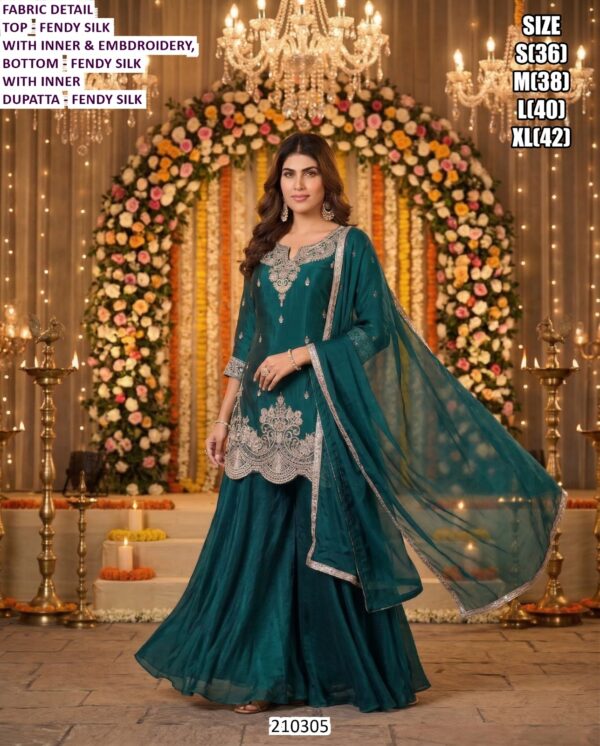 Designer Festive Palazzo Suit in Fendy Silk with Embroidered Kurta and Soft Net Dupatta