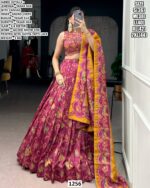 Women’s Designer Tasar Silk Lehenga Set in Magenta with Gilded Motif Foil Print
