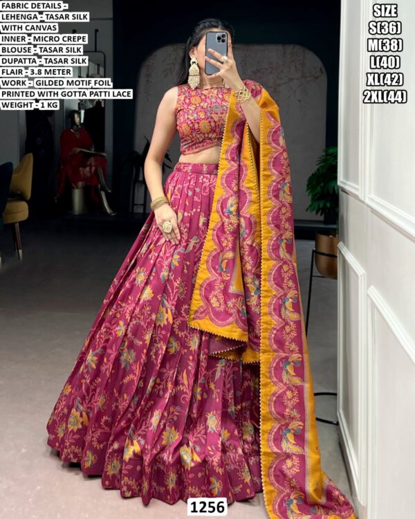 Women’s Designer Tasar Silk Lehenga Set in Magenta with Gilded Motif Foil Print