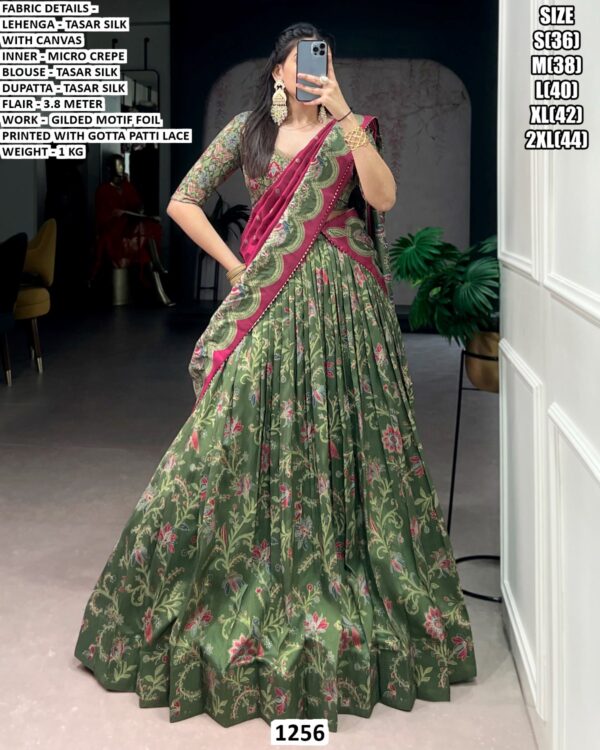 Women’s Designer Tasar Silk Lehenga Set in Magenta with Gilded Motif Foil Print