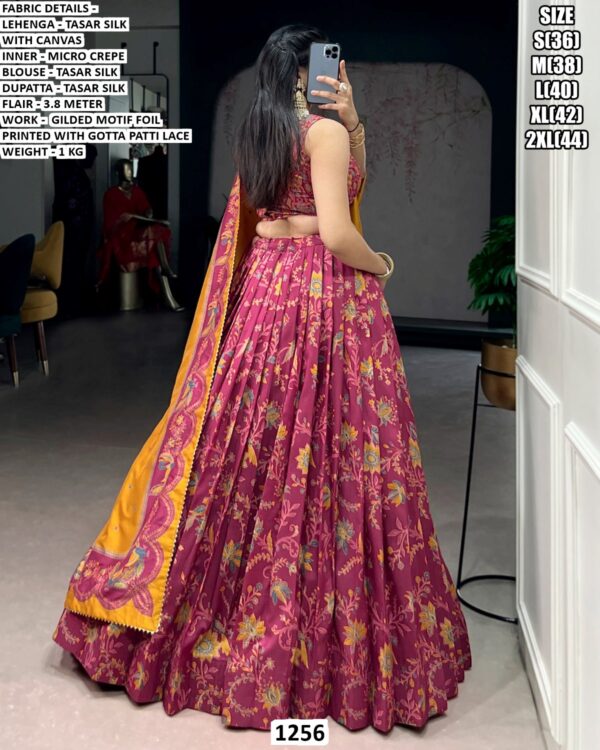Women’s Designer Tasar Silk Lehenga Set in Magenta with Gilded Motif Foil Print