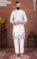 Men’s Festive Muslin Cotton Kurta with Embroidered Detail and Scenic Digital Print