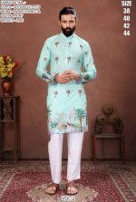 Men’s Festive Muslin Cotton Kurta with Embroidered Detail and Scenic Digital Print