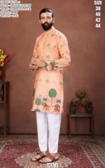 Men’s Festive Muslin Cotton Kurta with Embroidered Detail and Scenic Digital Print