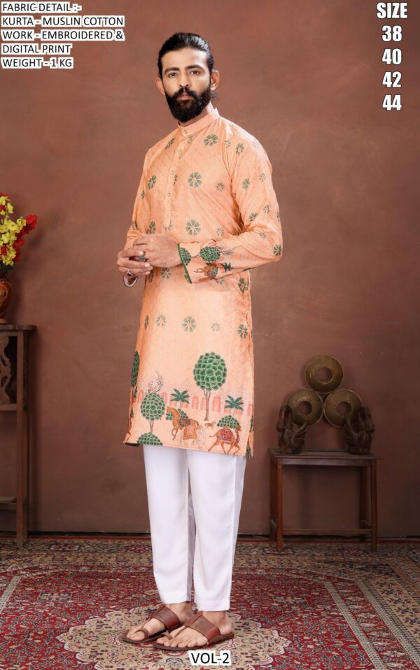 Men’s Festive Muslin Cotton Kurta with Embroidered Detail and Scenic Digital Print