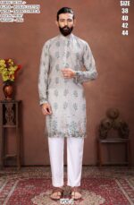 Men’s Festive Muslin Cotton Kurta with Embroidered Detail and Scenic Digital Print