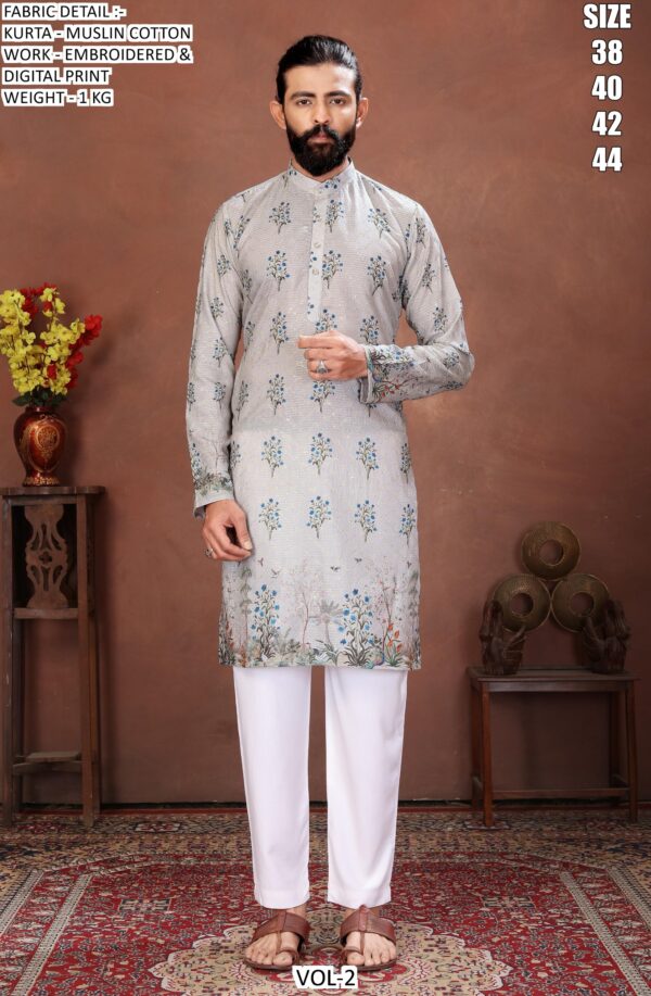 Men’s Festive Muslin Cotton Kurta with Embroidered Detail and Scenic Digital Print