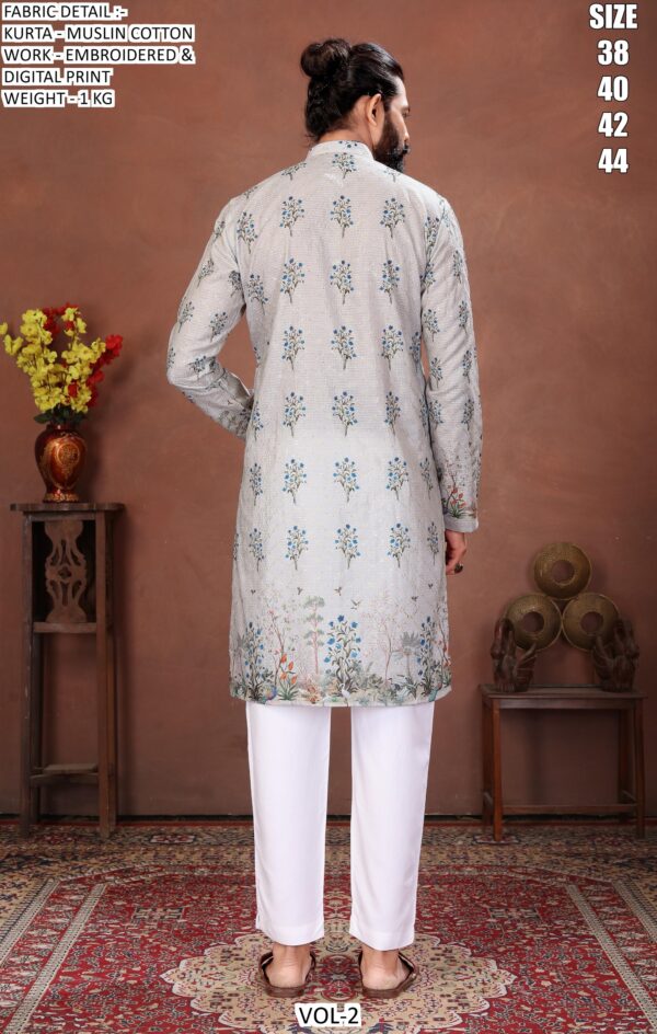Men’s Festive Muslin Cotton Kurta with Embroidered Detail and Scenic Digital Print