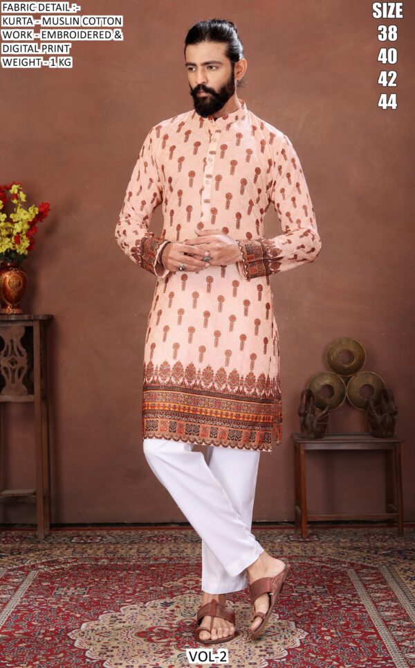 Men’s Festive Muslin Cotton Kurta with Embroidered Detail and Scenic Digital Print