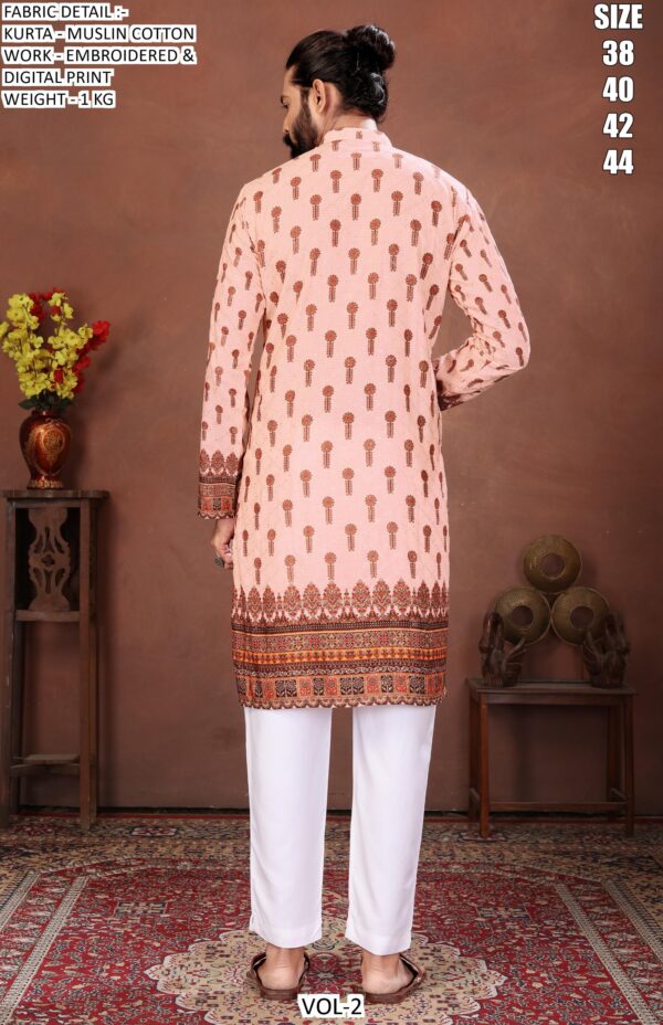 Men’s Festive Muslin Cotton Kurta with Embroidered Detail and Scenic Digital Print