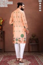 Men’s Festive Muslin Cotton Kurta with Embroidered Detail and Scenic Digital Print