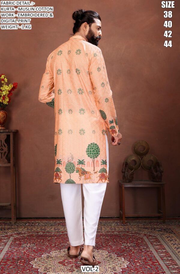 Men’s Festive Muslin Cotton Kurta with Embroidered Detail and Scenic Digital Print