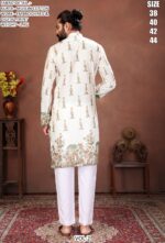 Men’s Festive Muslin Cotton Kurta with Embroidered Detail and Scenic Digital Print
