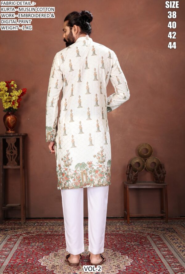 Men’s Festive Muslin Cotton Kurta with Embroidered Detail and Scenic Digital Print