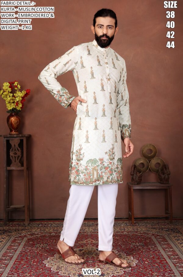 Men’s Festive Muslin Cotton Kurta with Embroidered Detail and Scenic Digital Print