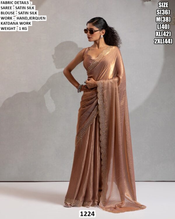 Women’s Designer Satin Silk Saree In Blush With Handwork Blouse