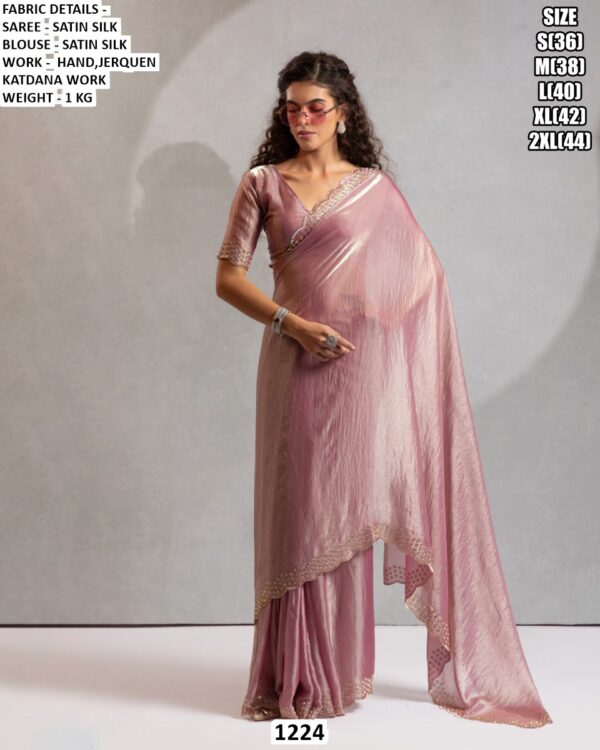 Women’s Designer Satin Silk Saree In Blush With Handwork Blouse