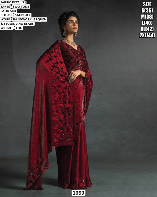 Elegent Satin Silk Saree with Sequence Beads and Handworked Choli