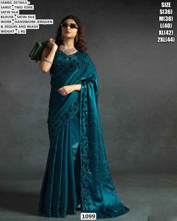 Elegent Satin Silk Saree with Sequence Beads and Handworked Choli