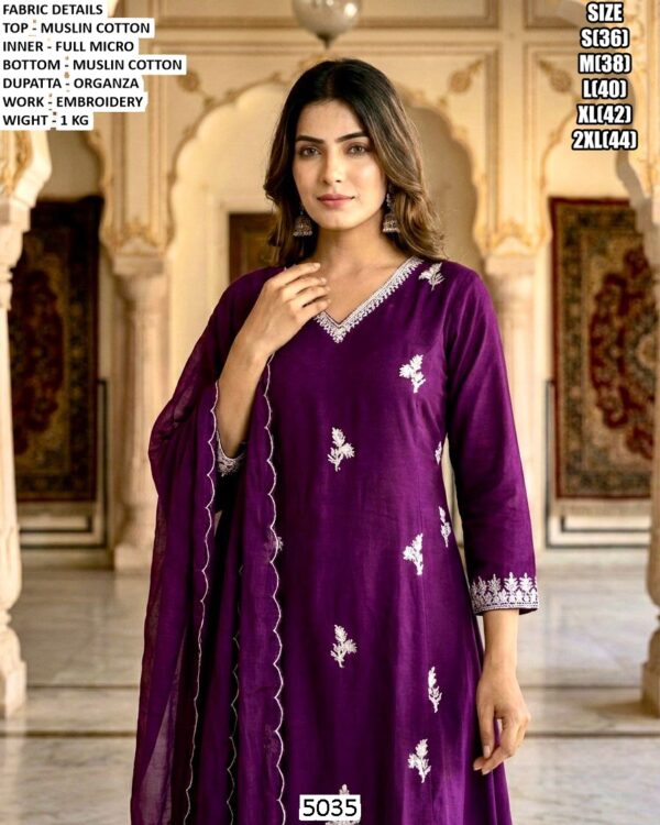 Muslin Cotton Embroidered Suit Set With Organza Dupatta For Women