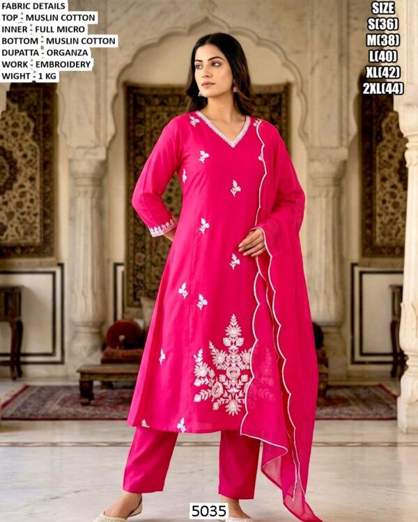 Muslin Cotton Embroidered Suit Set With Organza Dupatta For Women