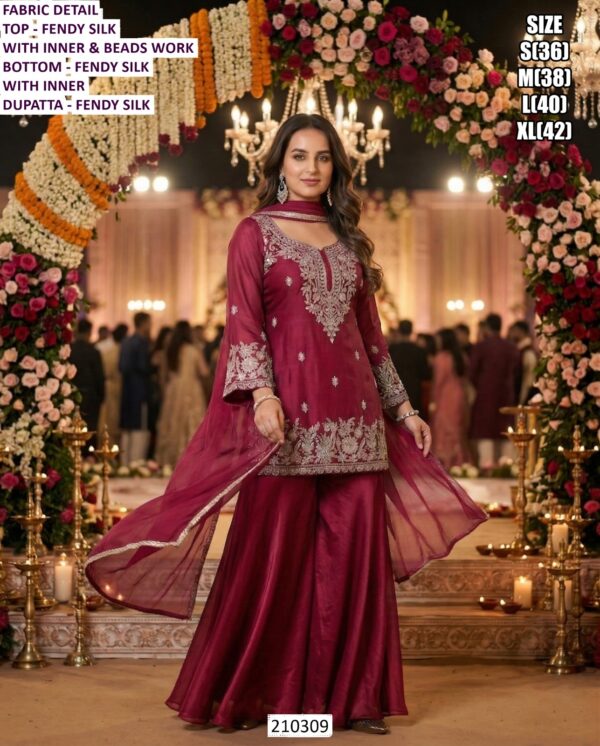 Elegant Party Wear Palazzo Suit In Fendy Silk With Embroidered Kurta And Dupatta