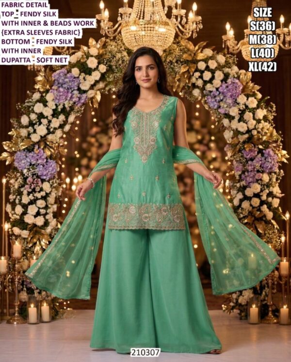 Elegant Party Wear Palazzo Suit In Fendy Silk With Embroidered Kurta And Dupatta