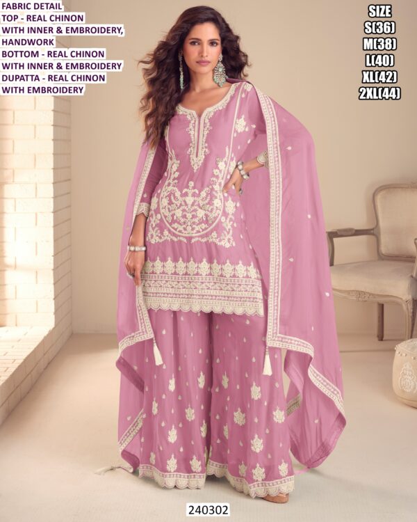 Elegant Party Wear Palazzo Suit In Real Chinon With Embroidery.