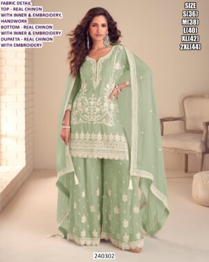 Elegant Party Wear Palazzo Suit In Real Chinon With Embroidery.