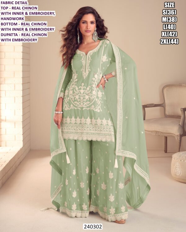 Elegant Party Wear Palazzo Suit In Real Chinon With Embroidery.