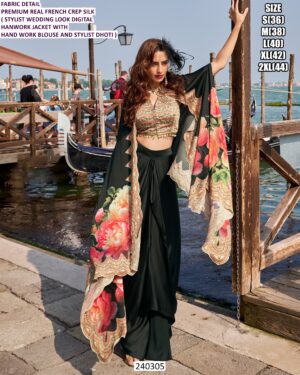 French Crepe Silk Digital Print Jacket Dhoti Set For Women