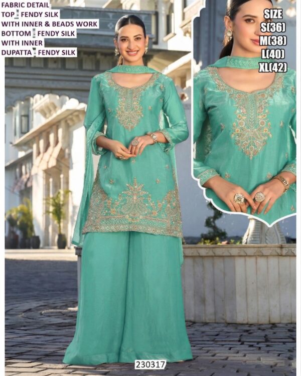 Women Elegant Party Wear Palazzo Suit With Embroidered Kurta