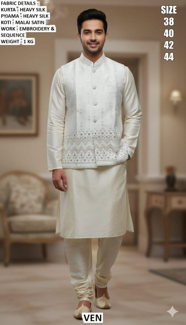Men’s Wedding Wear Heavy Silk Kurta Set With Embroidery And Sequence Work