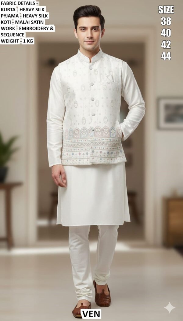 Men’s Wedding Wear Heavy Silk Kurta Set With Embroidery And Sequence Work