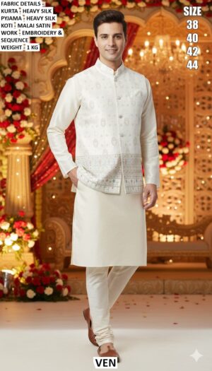 Men’s Wedding Wear Heavy Silk Kurta Set With Embroidery And Sequence Work
