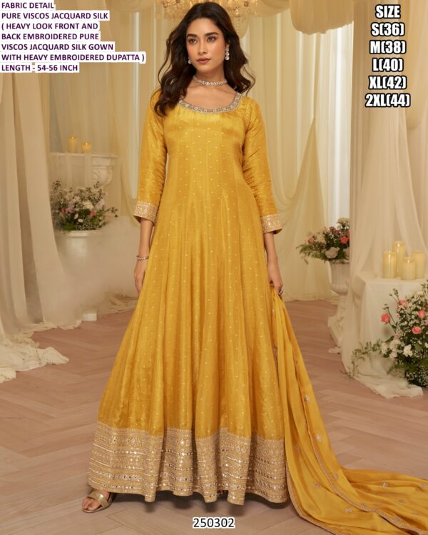 Women’s Jacquard Silk Party Wear Gown With Embroidered Dupatta