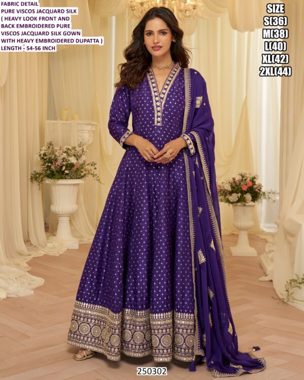 Women’s Jacquard Silk Party Wear Gown With Embroidered Dupatta