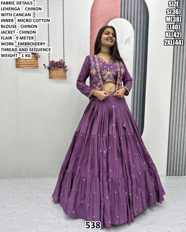 Chinon Lehenga Choli With Embroidered Jacket For Women