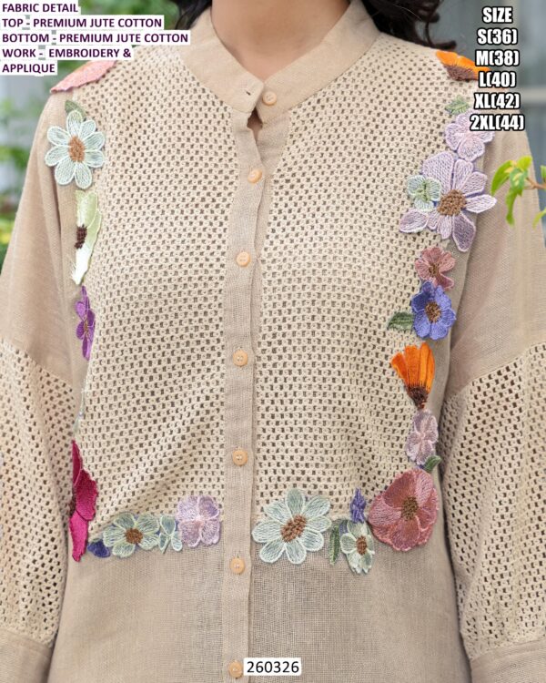 Women’s Beige Jute Cotton Shirt Pant Set With Floral Applique Detail