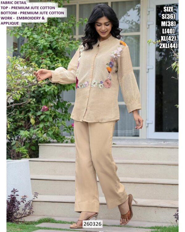 Women’s Beige Jute Cotton Shirt Pant Set With Floral Applique Detail